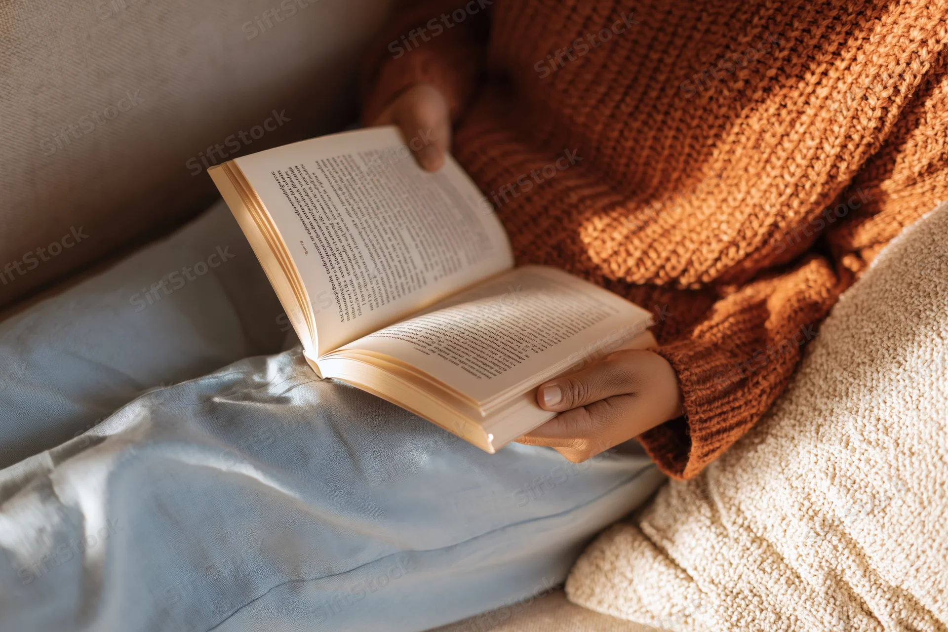 Woman reading an open paperback book on her lap while sitting on a couch