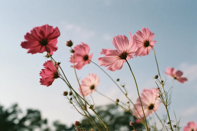 Pink cosmos flowers in full bloom swaying on slender green stems against a soft blue sky