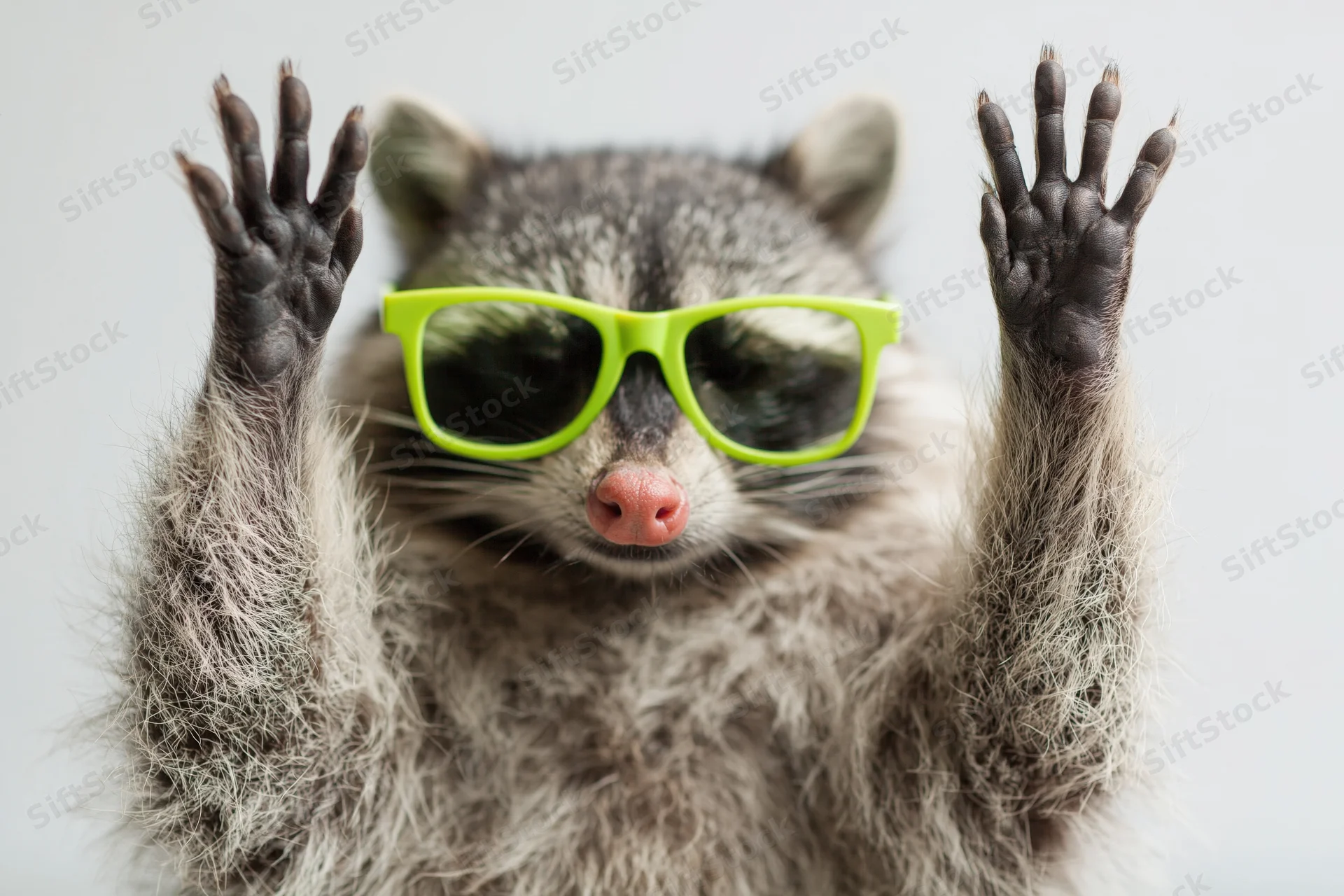 Raccoon wearing bright green plastic sunglasses with paws raised in front of white background