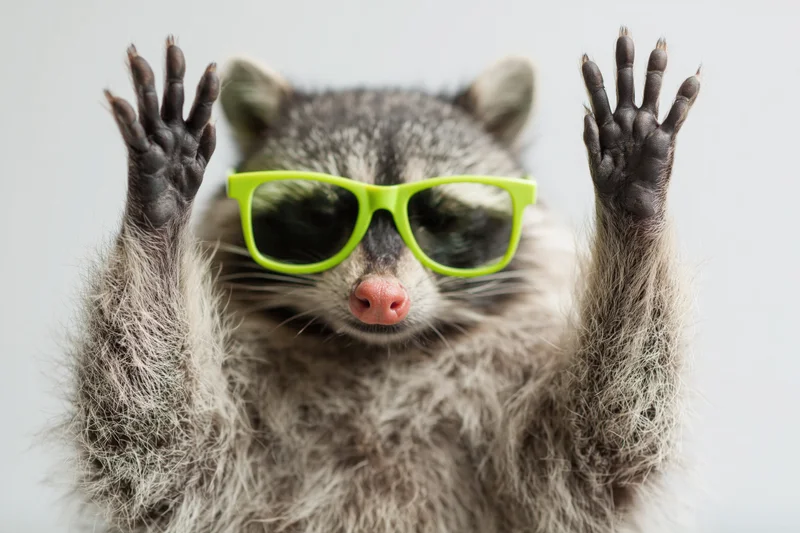 Raccoon wearing bright green plastic sunglasses with paws raised in front of white background