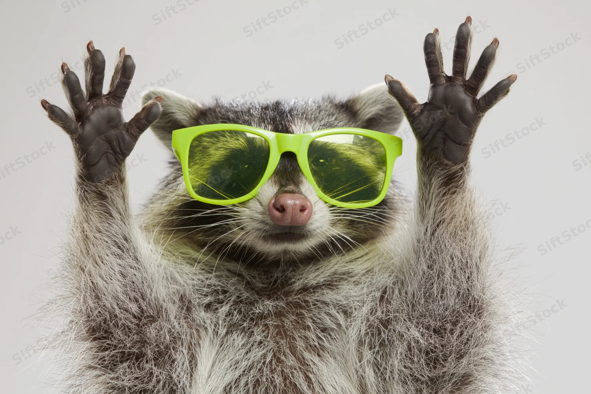 Raccoon wearing bright green plastic sunglasses with paws raised in front of white background