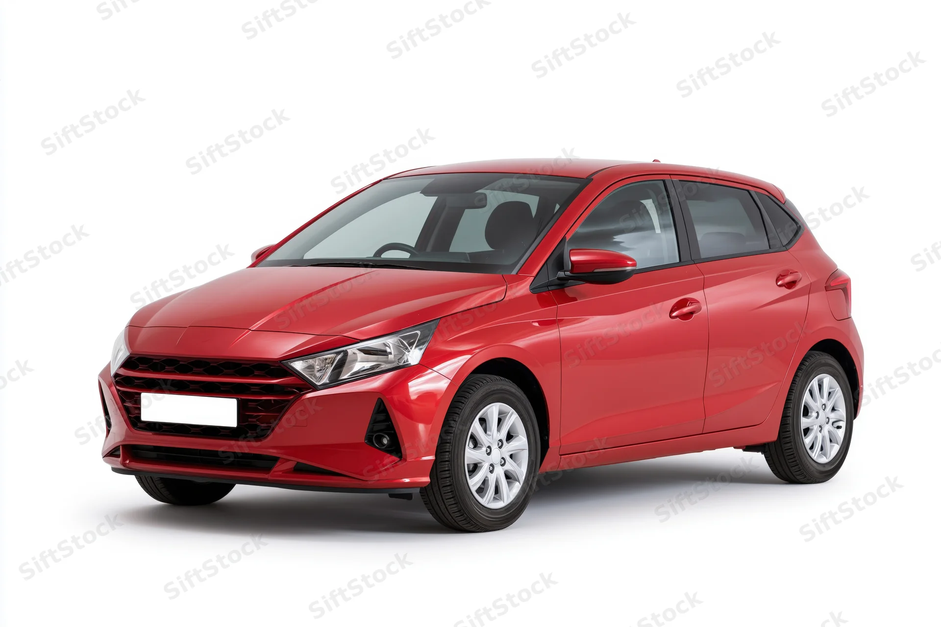 Red compact hatchback car in three-quarter front view on white background