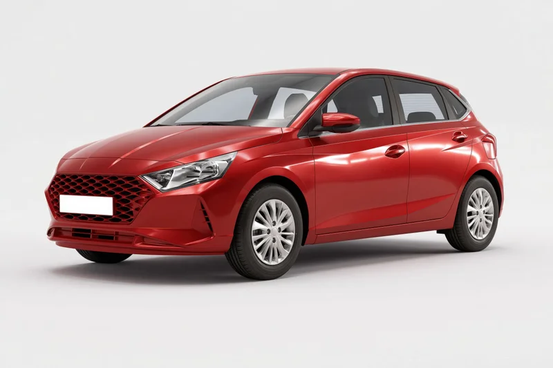 Red compact hatchback car in three-quarter front view on white background