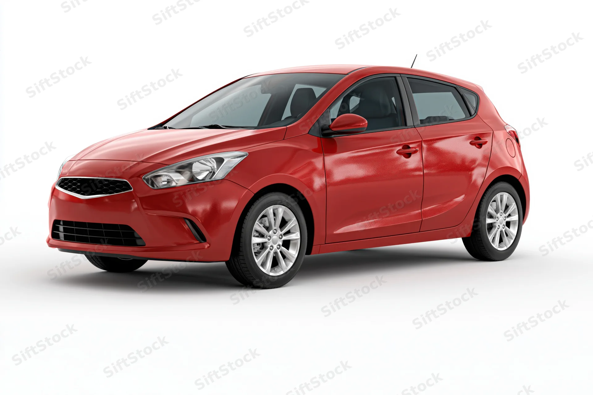 Red compact hatchback car in three-quarter front view on white background