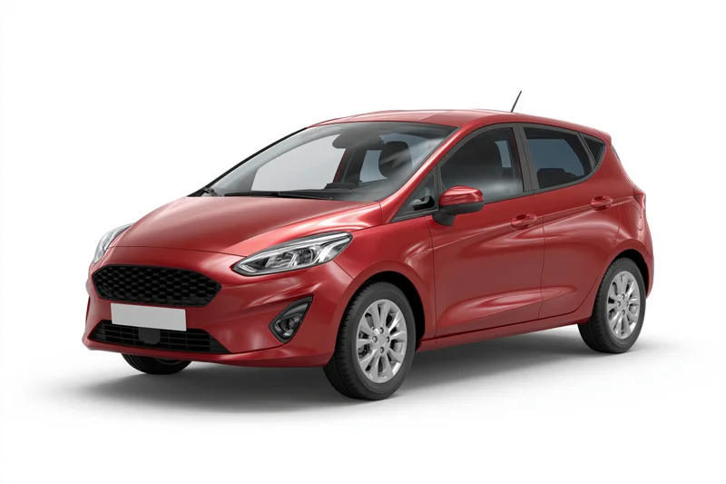 Red compact hatchback car in three-quarter front view on white background