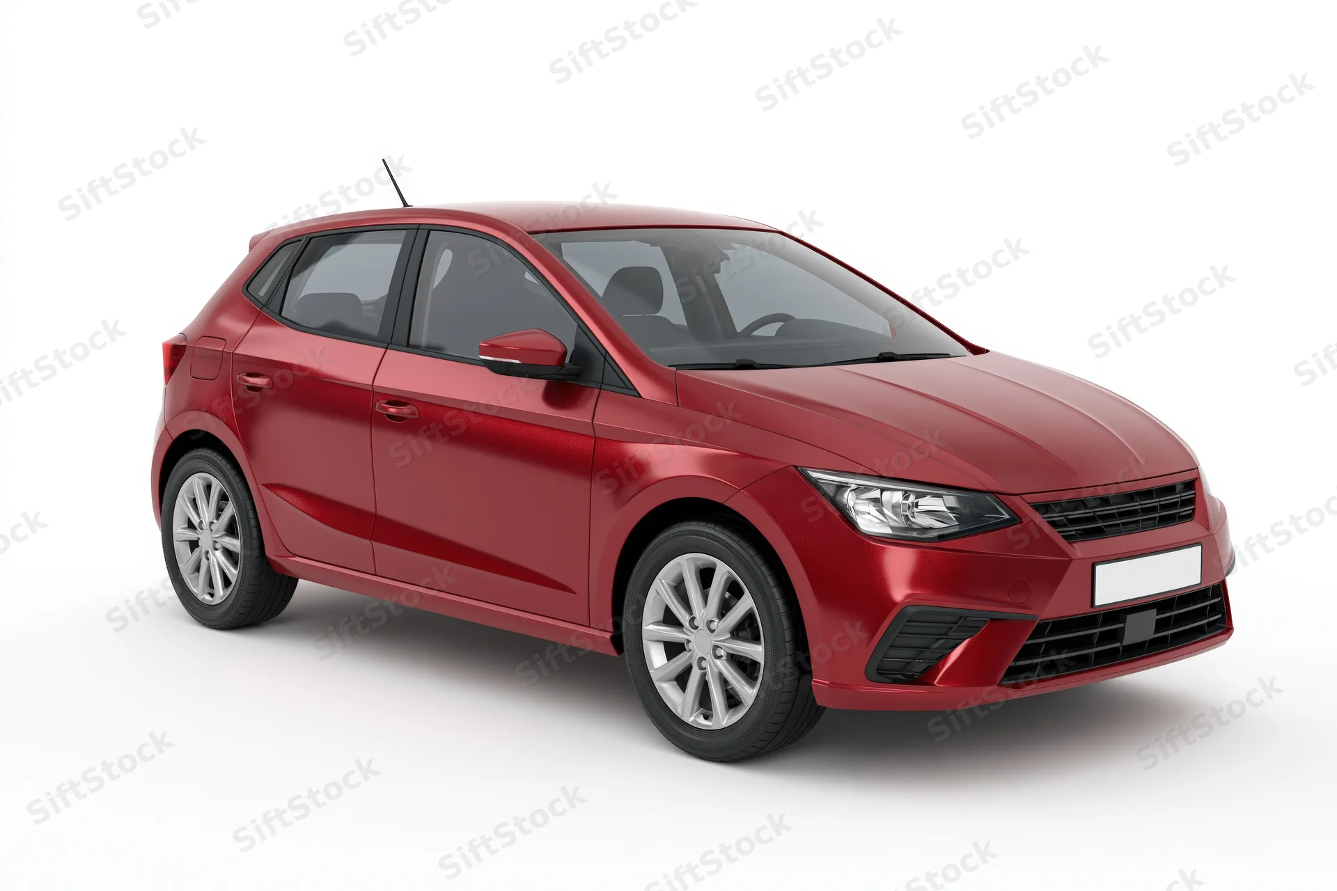 Red compact hatchback car shown in threequarter front view on white background