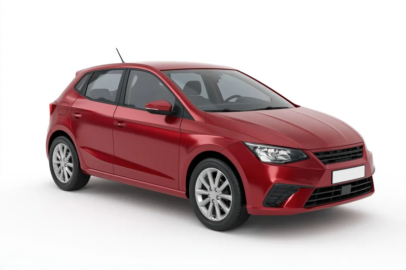 Red compact hatchback car shown in threequarter front view on white background