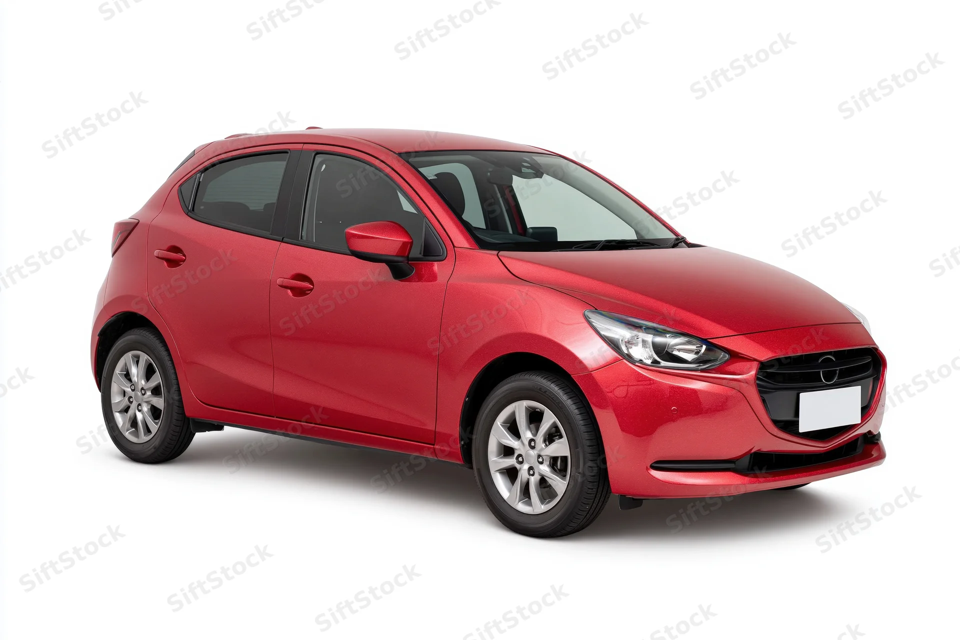 Red compact hatchback car in three-quarter front view on white background