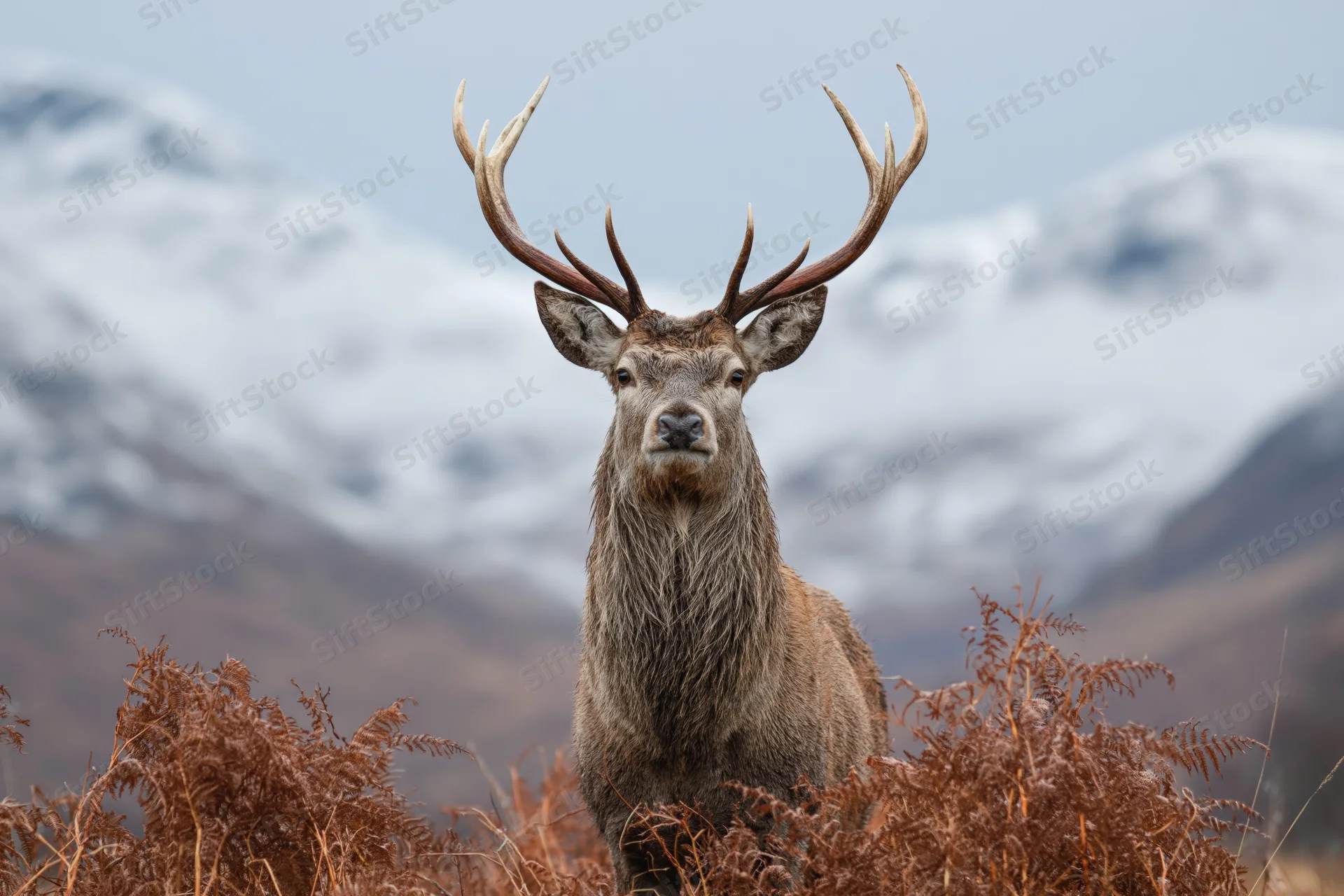 Red deer stag standing alert in open highland moorland facing camera with snow-capped mountains in background
