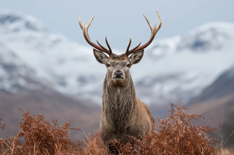 Red deer stag standing alert in open highland moorland facing camera with snow-capped mountains in background