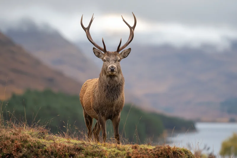 Red deer stag standing alert on a grassy hillside in the scottish highlands with mountains and lake in the background