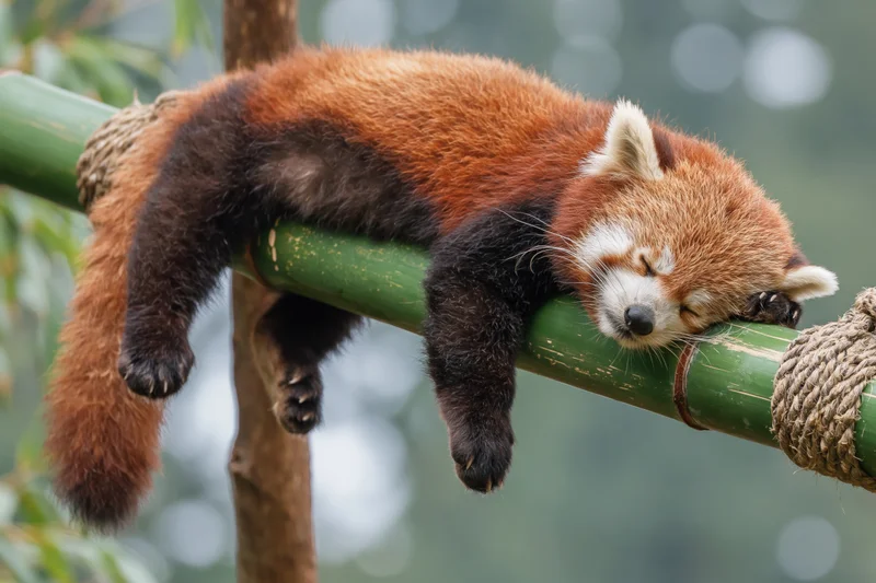 Red panda sleeping draped over a thick green bamboo pole in a natural outdoor setting
