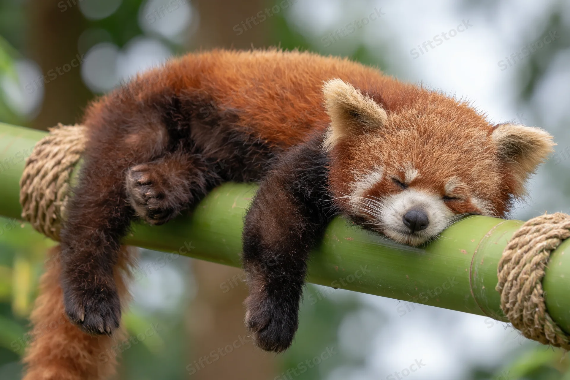 Red panda sleeping draped over a thick green bamboo pole in a natural setting