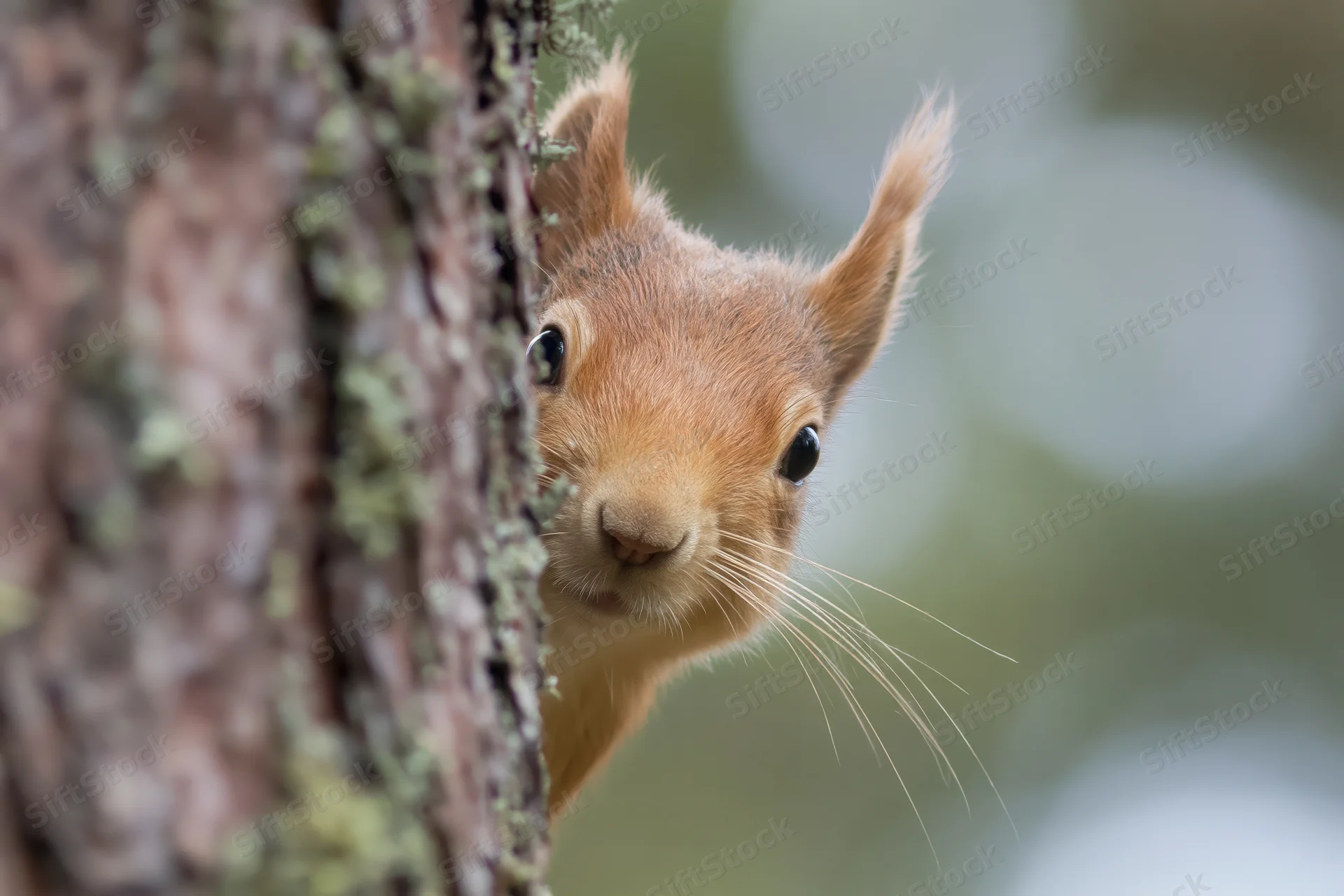 Red squirrel peeking from behind pine tree trunk in forest setting