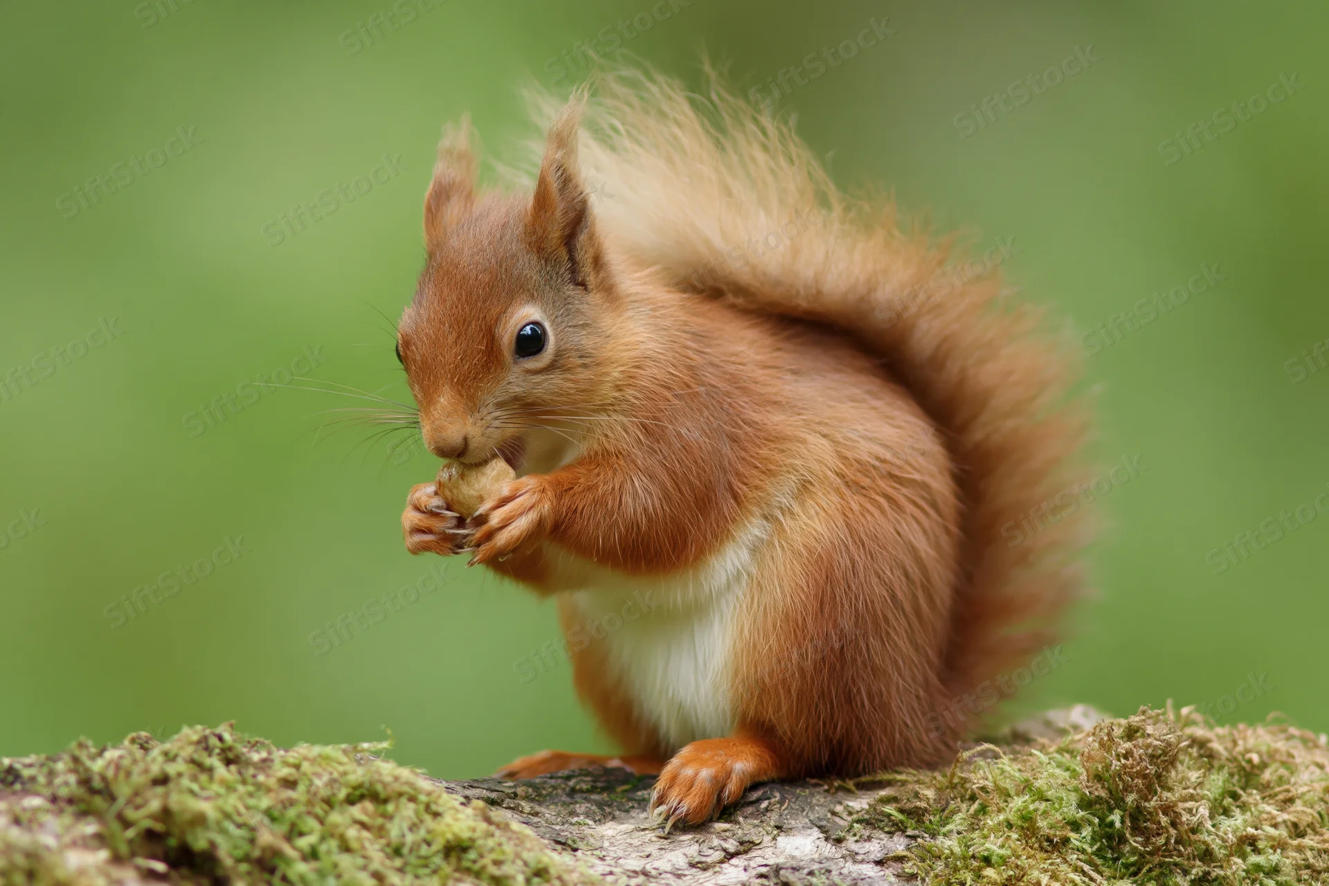 Red squirrel eating a nut while sitting on a mossy log in a forest setting