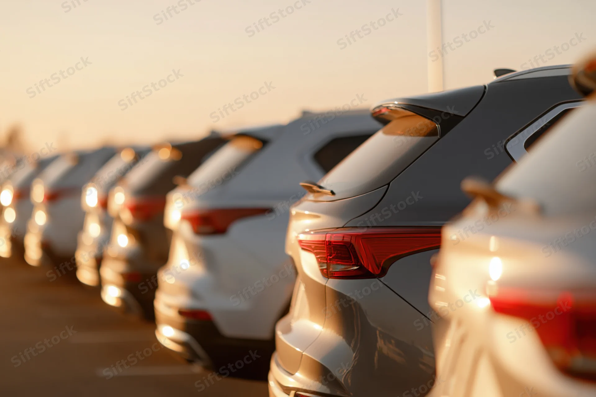 Row of suvs parked bumper-out in a dealership lot at golden hour