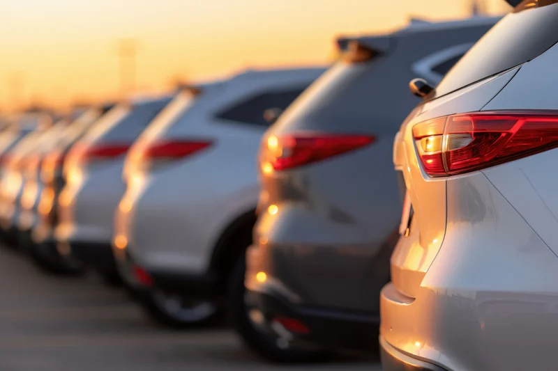 Row of suvs parked bumper-out in a dealership lot at sunset