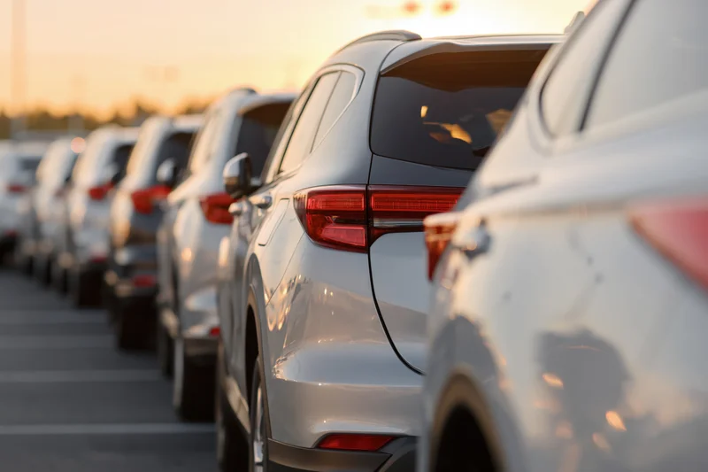 Row of white suvs parked bumper-out in a dealership lot at sunset