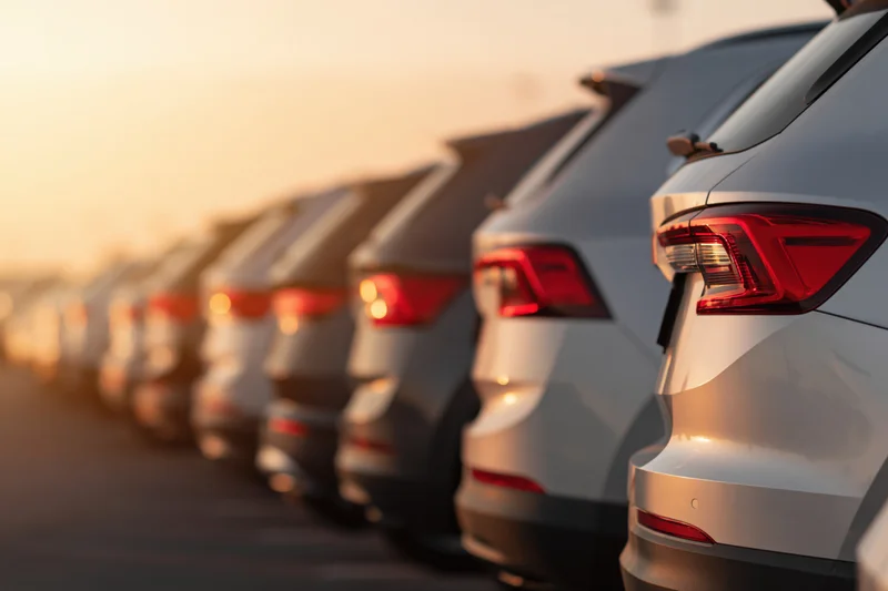 Row of suvs parked bumper-out in a dealership lot at sunset