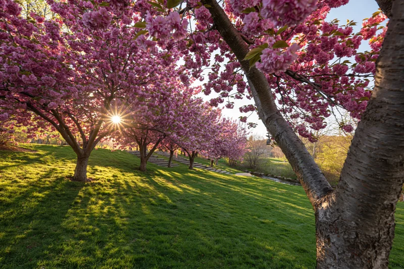 Row of cherry blossom trees in full bloom lining a grassy park pathway with sunlight filtering through branches