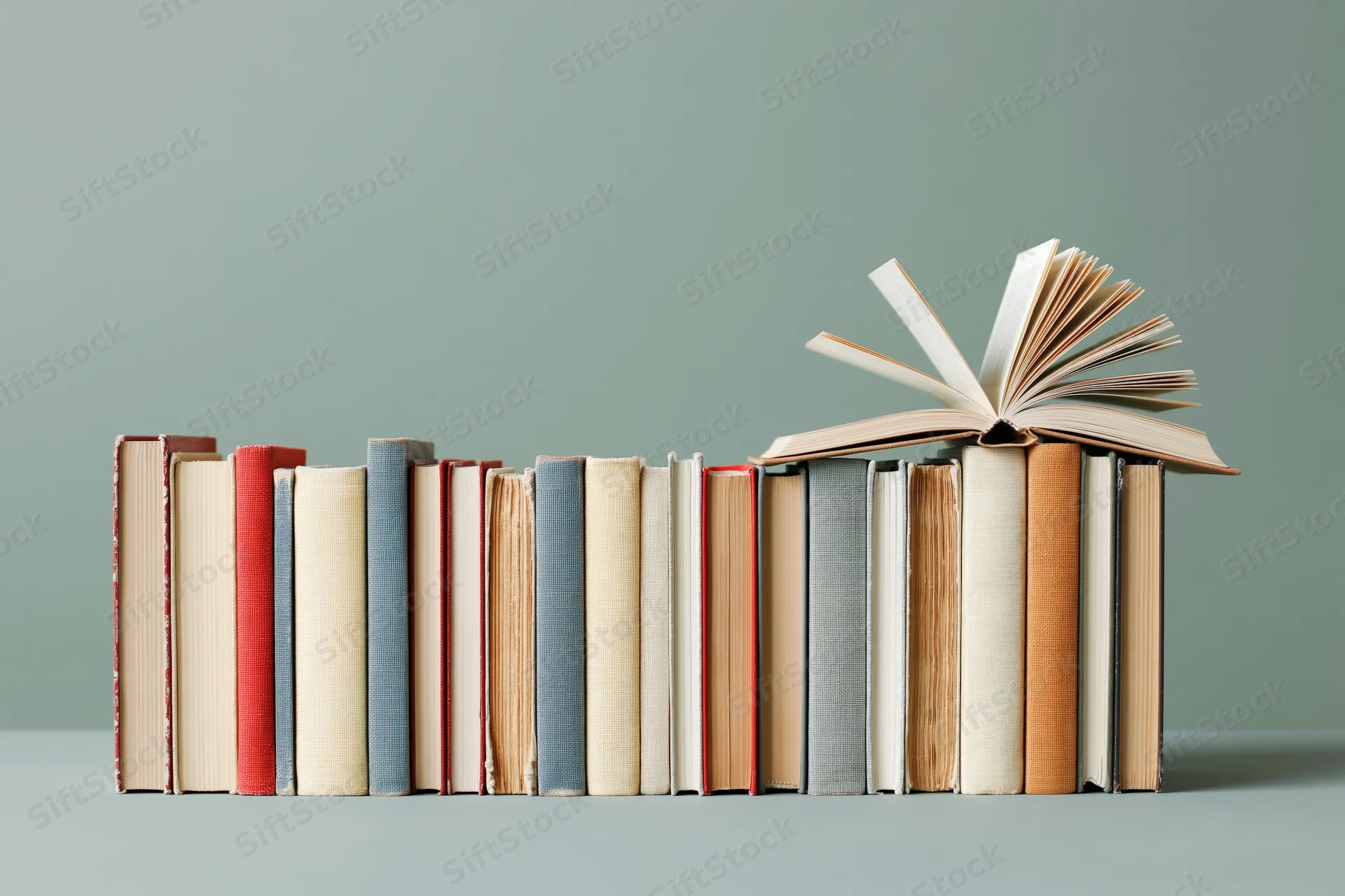Row of hardcover books standing upright with one open on top against a gray background