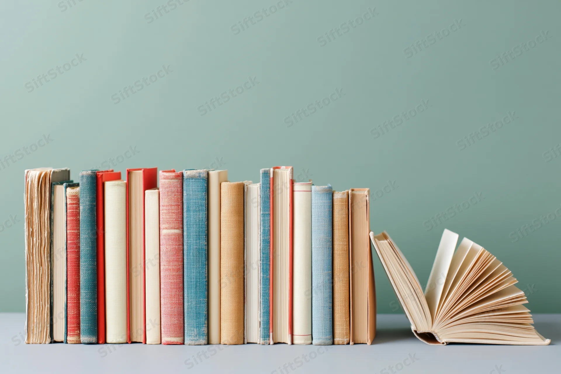 Row of hardcover books standing upright on a surface with one open and fanned to the side