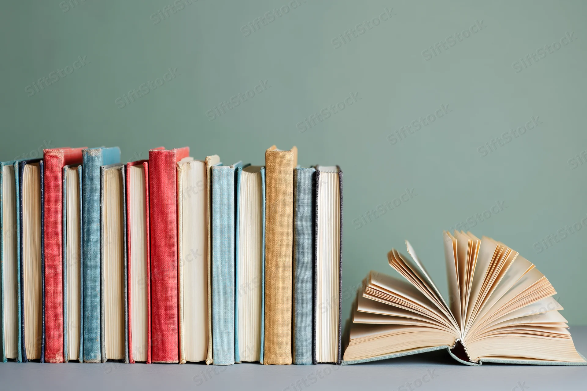 Row of hardcover books standing upright with one open on a flat surface