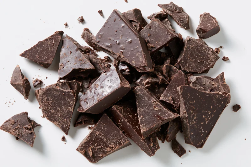 Broken dark chocolate chunks scattered on white background