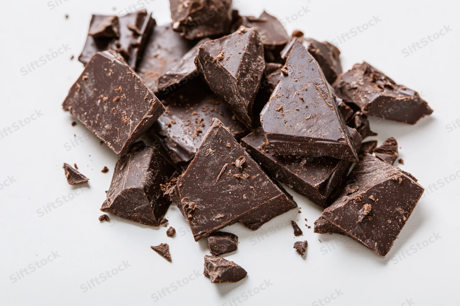 Broken dark chocolate chunks scattered on white background