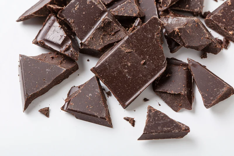 Broken dark chocolate chunks scattered on white background