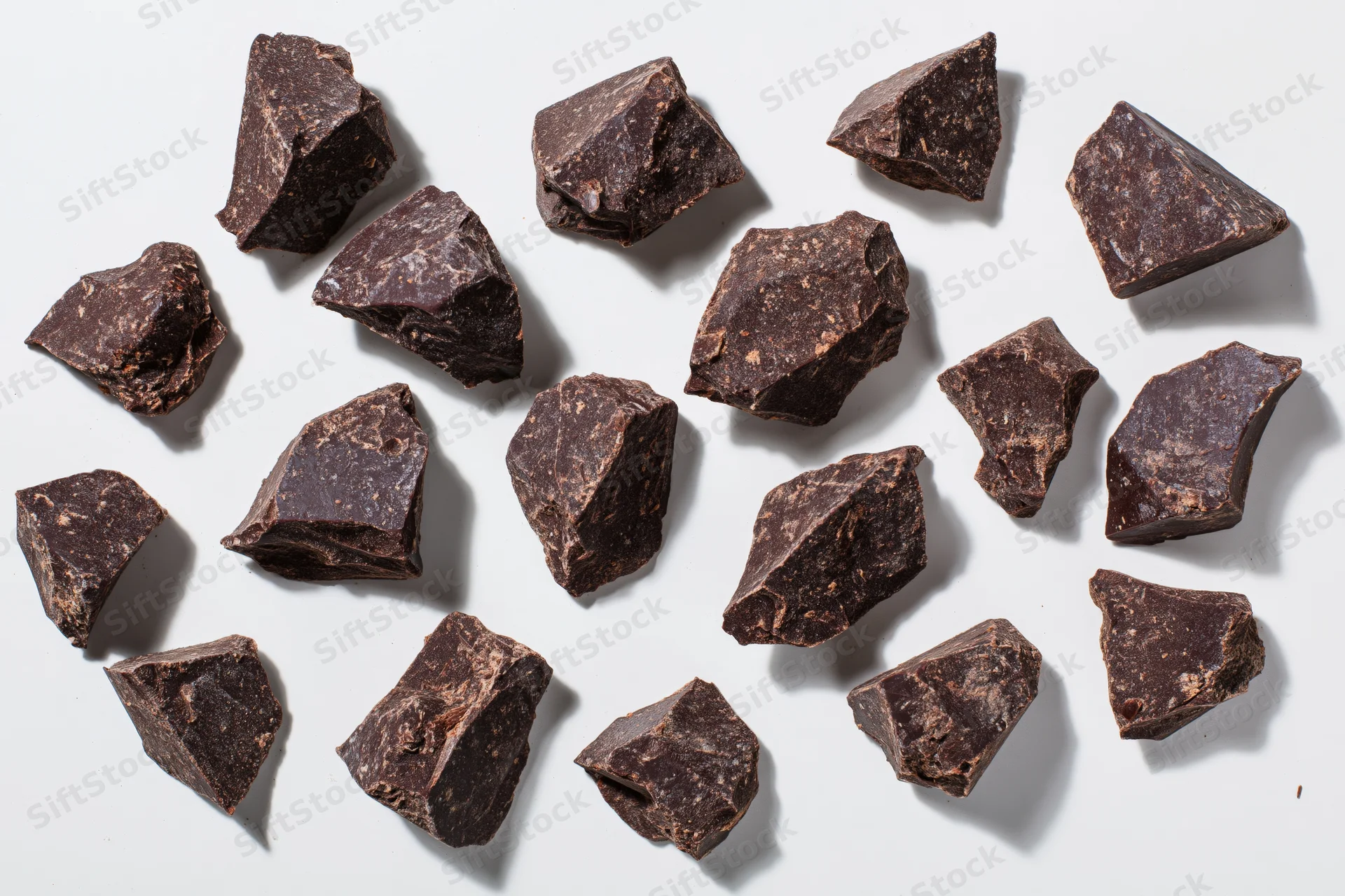 Broken dark chocolate chunks scattered across a white surface
