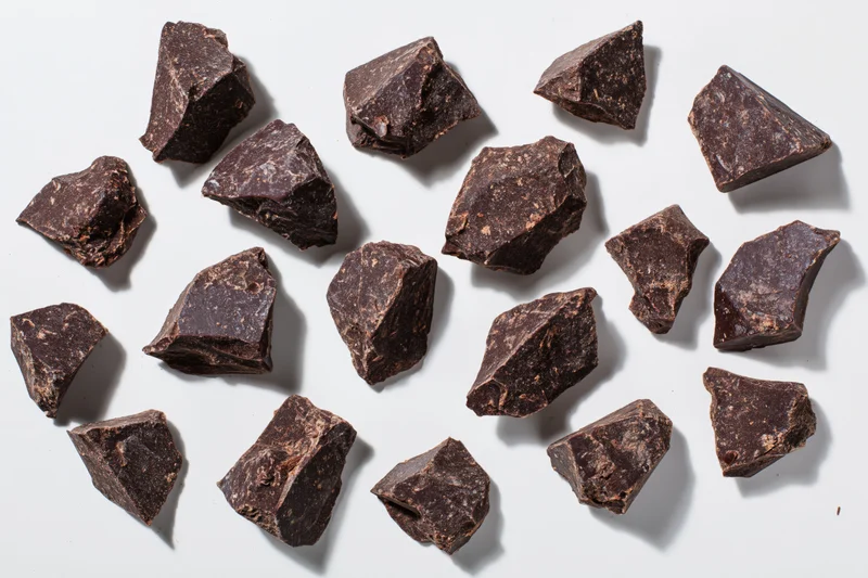 Broken dark chocolate chunks scattered across a white surface