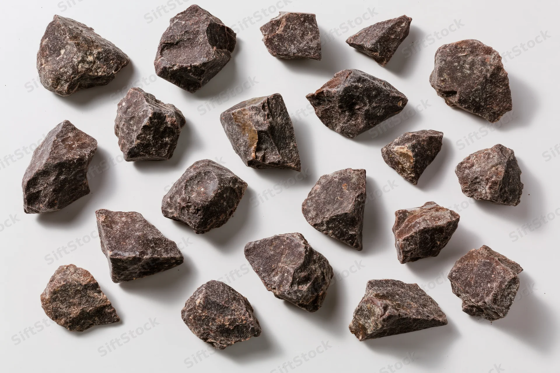 Scattered broken dark chocolate chunks on white surface