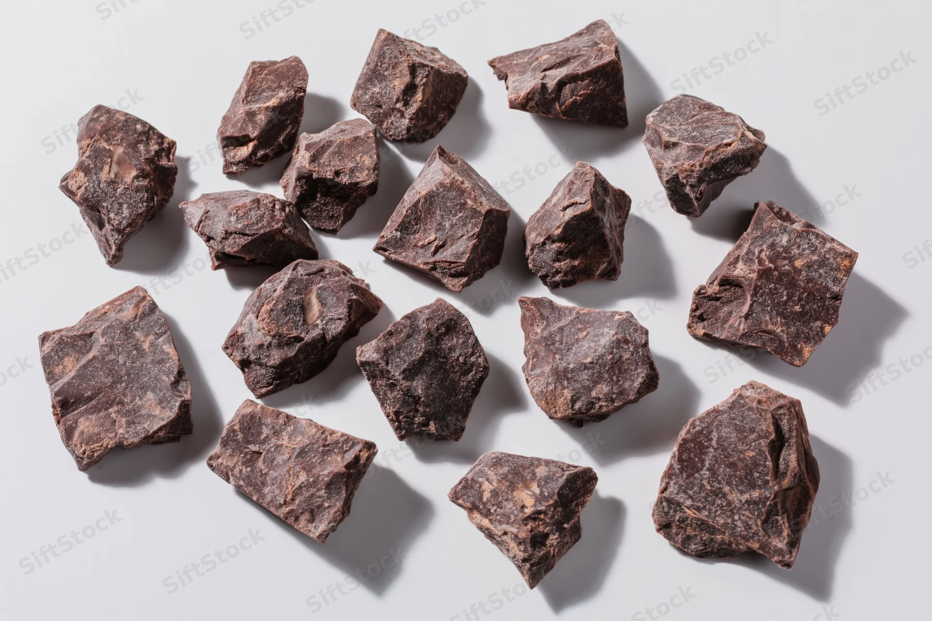 Scattered broken dark chocolate chunks on a white background