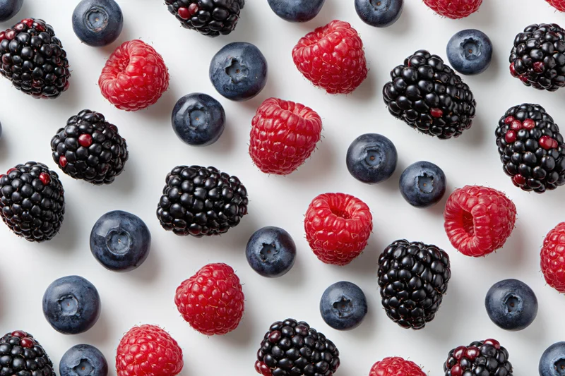 Scattered blueberries, raspberries and blackberries on white surface