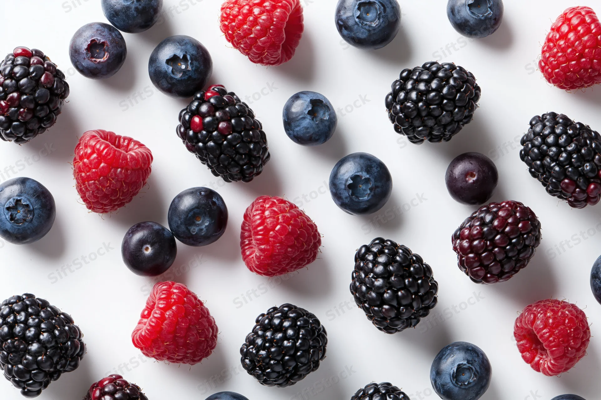 Scattered blueberries raspberries and blackberries on white background