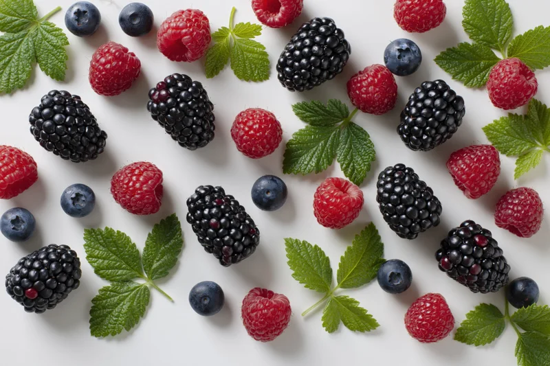 Mixed berries and green leaves scattered loosely on white surface