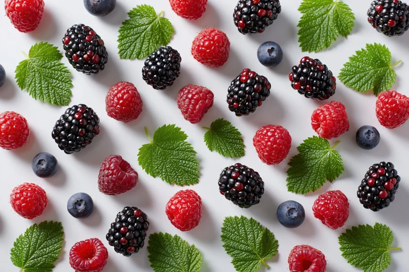 Mixed berries and green leaves scattered on white surface in flat lay arrangement