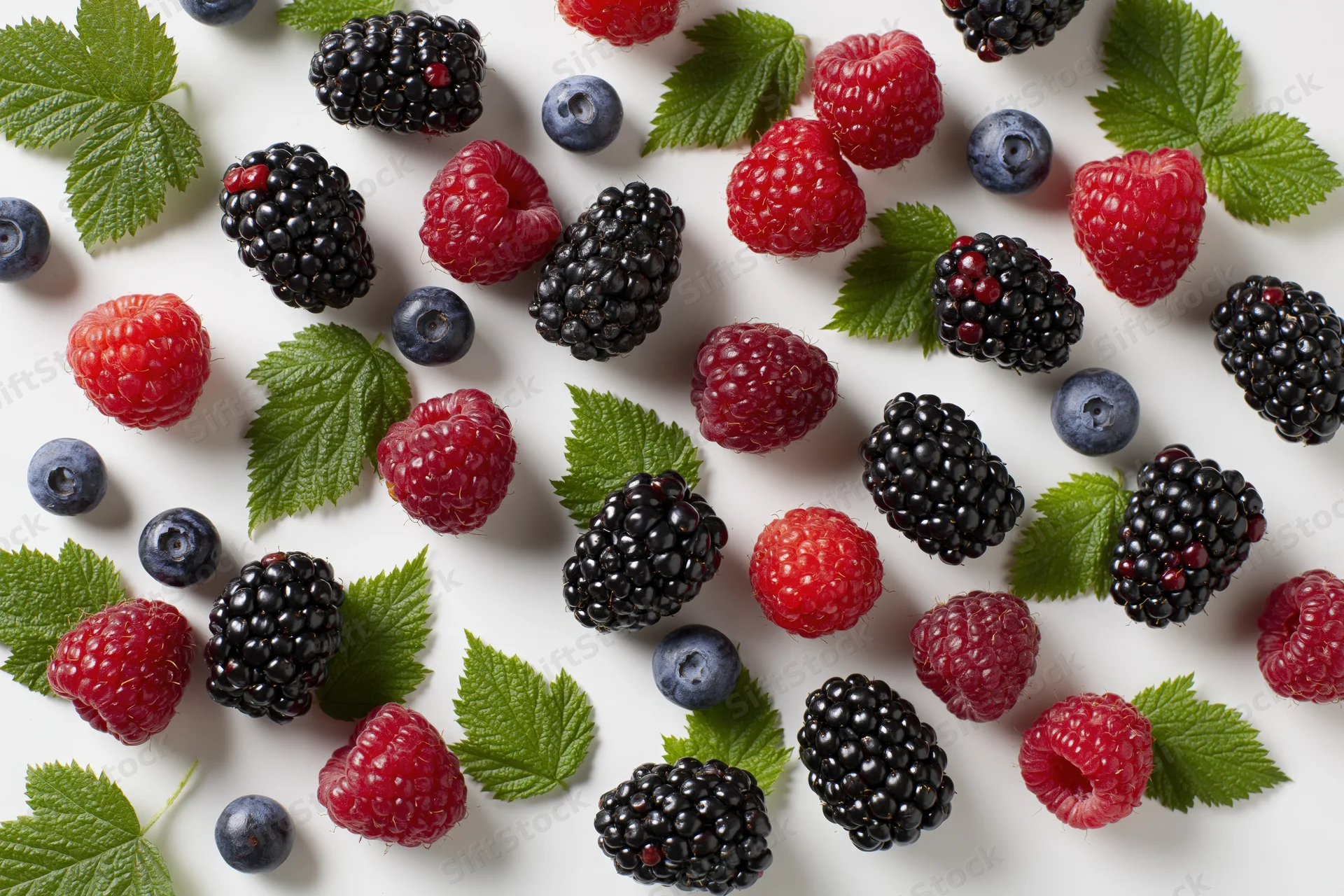 Mixed berries and green leaves scattered on white surface in flat lay arrangement