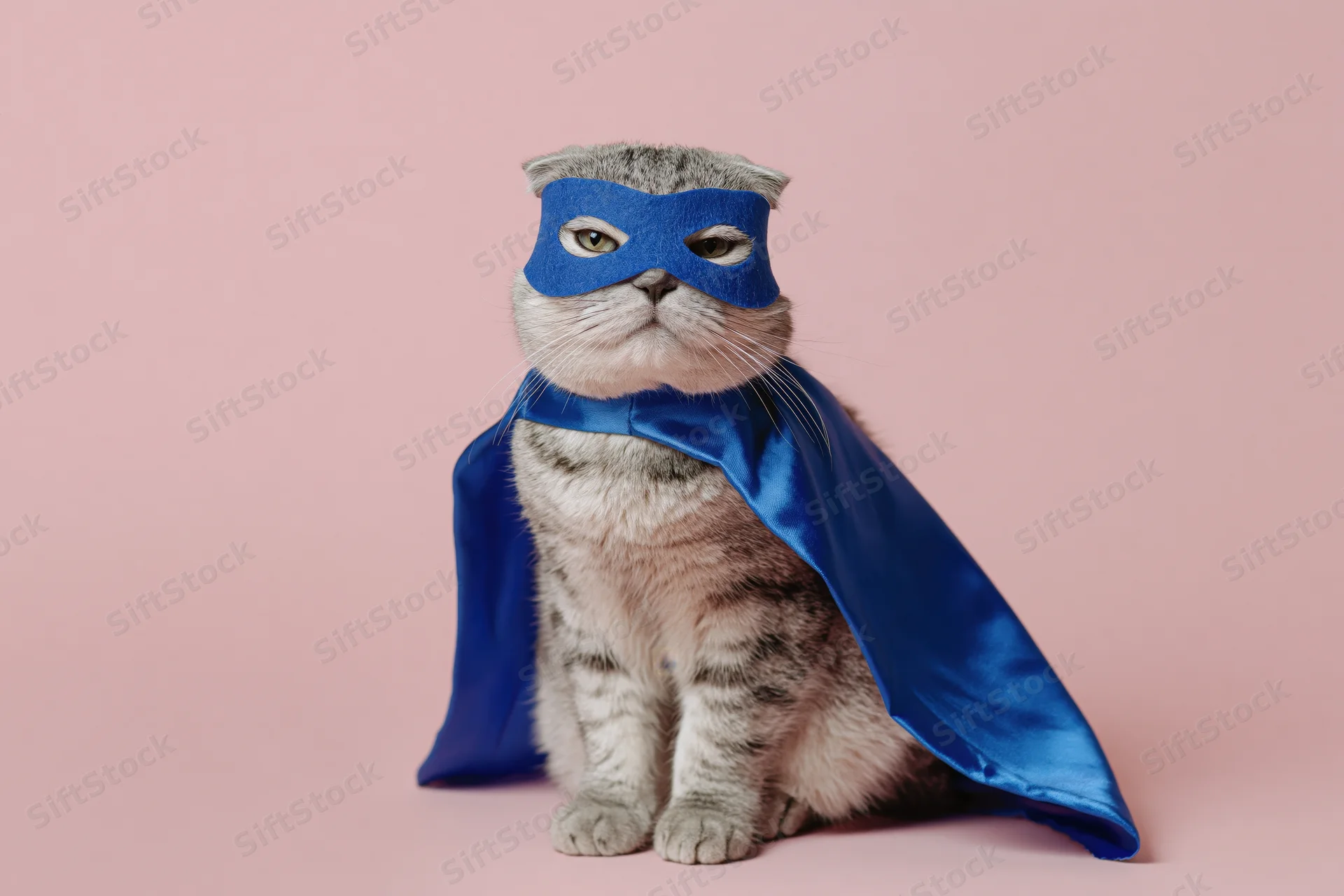 Scottish Fold cat in blue superhero costume with cape and mask sitting upright against pink background