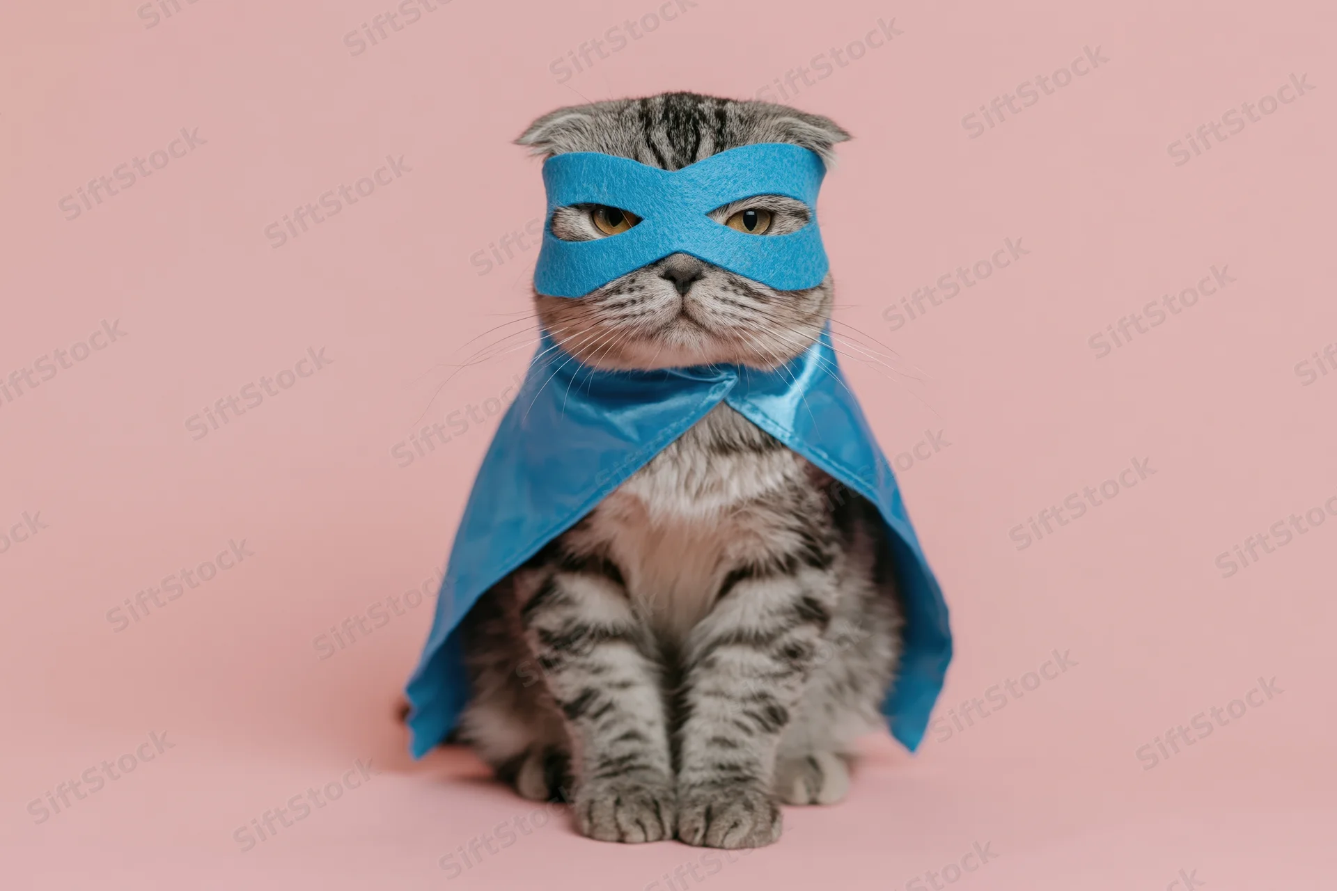 Scottishfold cat wearing blue superhero mask and cape sitting upright on pink background