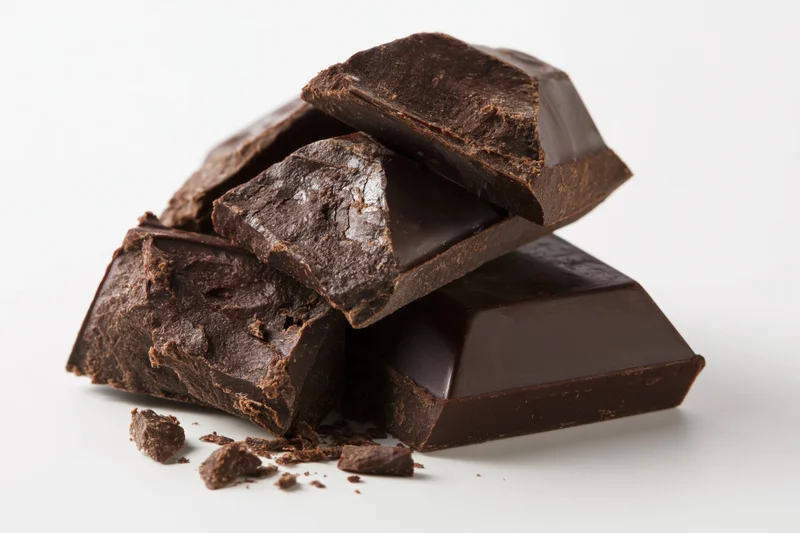 Broken dark chocolate chunks piled together on white background
