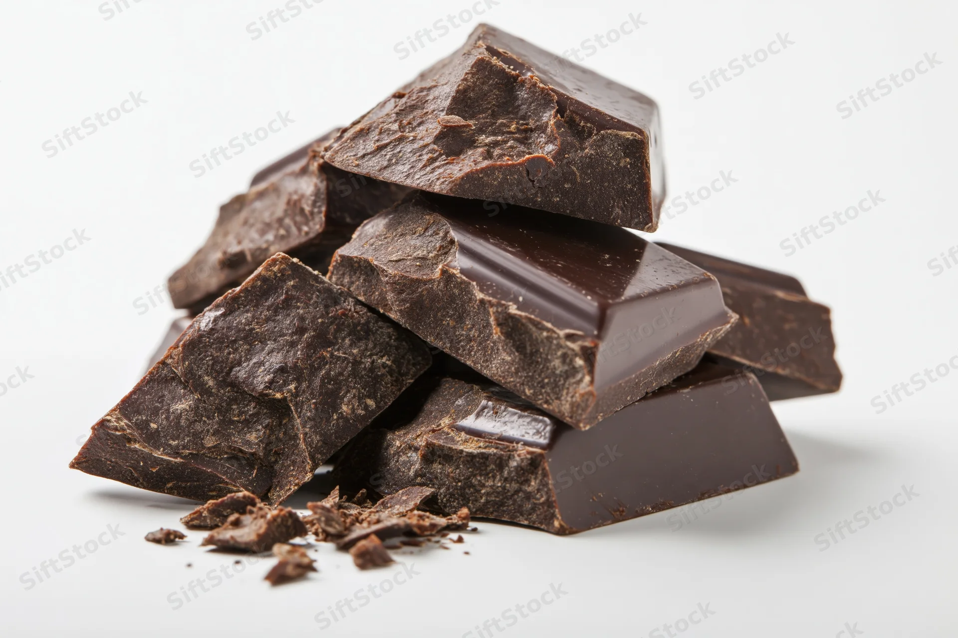 Broken dark chocolate chunks piled together on white background