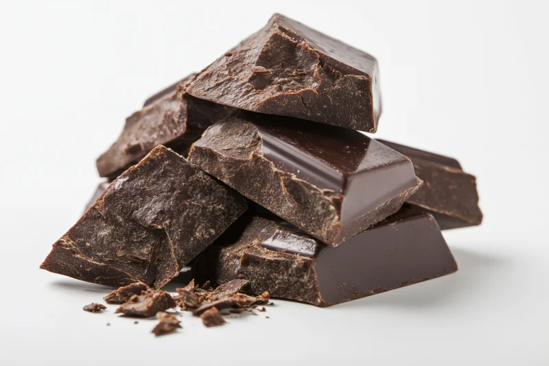 Broken dark chocolate chunks piled together on white background