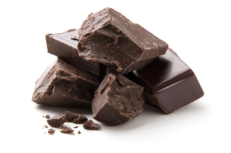 Broken dark chocolate chunks piled together on white background
