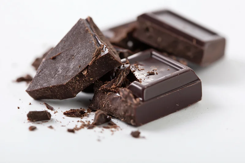 Broken dark chocolate pieces scattered on a white surface