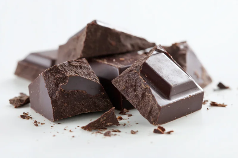 Broken dark chocolate chunks scattered on a white background