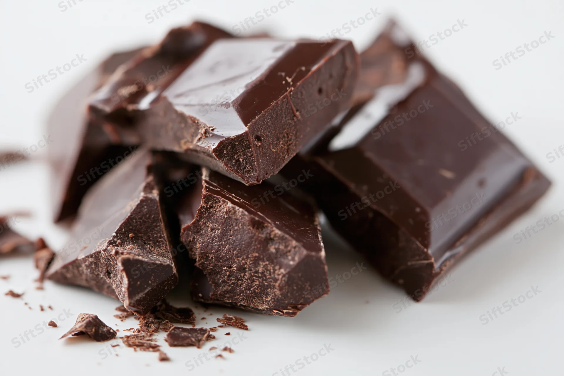 Broken dark chocolate chunks scattered on a white surface