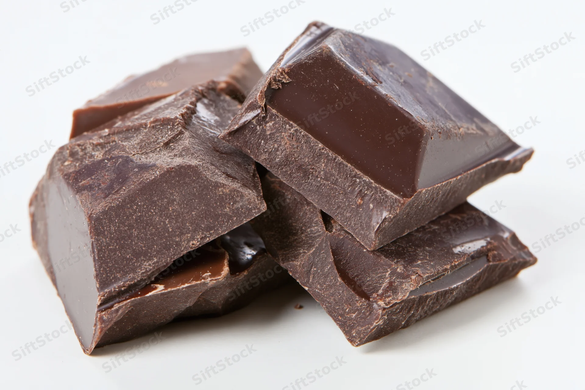 Broken dark chocolate chunks stacked loosely on white background
