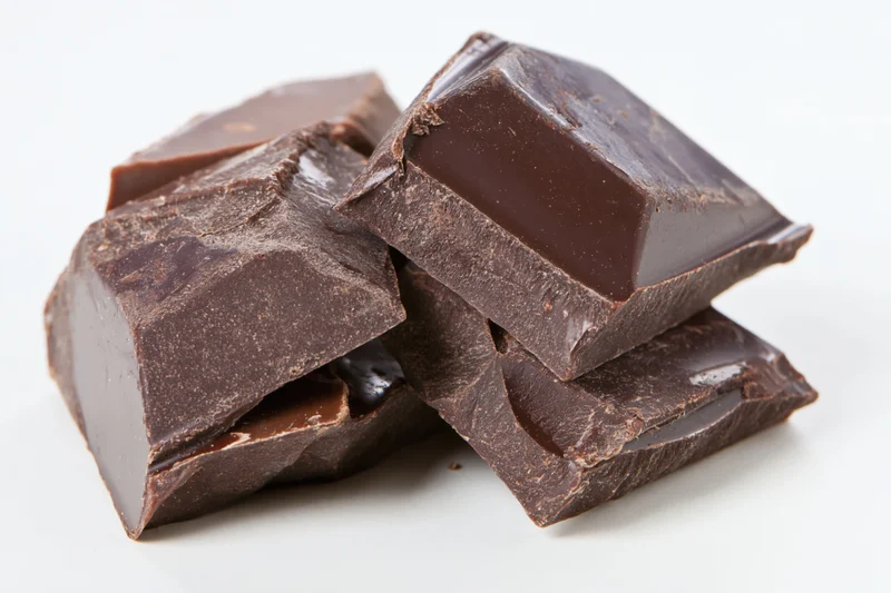 Broken dark chocolate chunks stacked loosely on white background